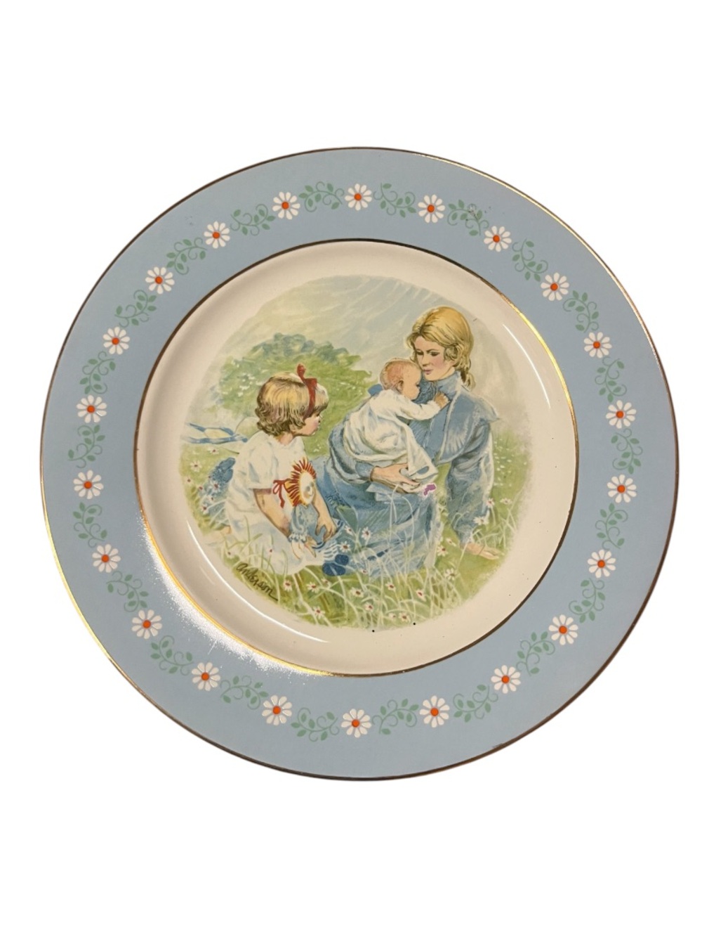Blue Floral Decorative Collector Plate with Mother and Children Illustration
